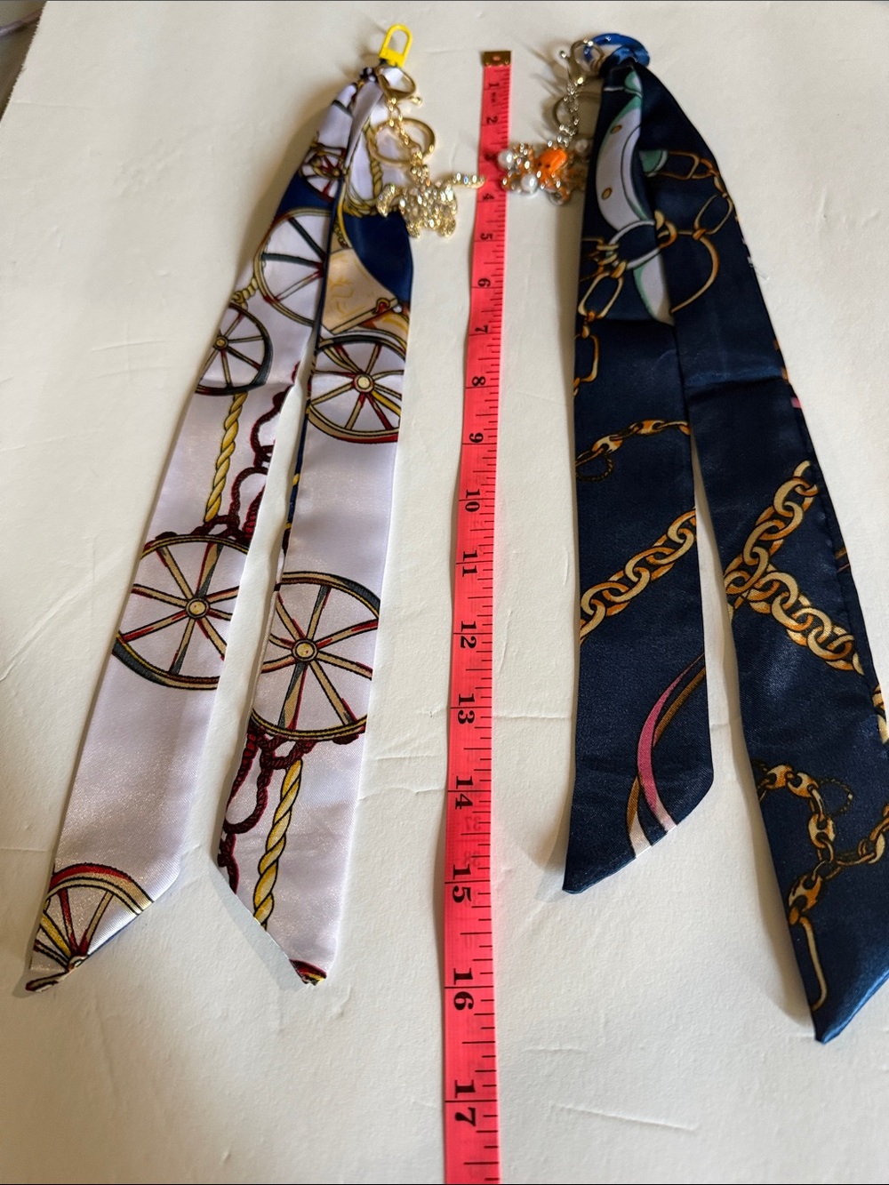 Silk-Style Navy and White Chain & Carriage Print Scarf Keychains